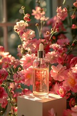 Wall Mural - a cosmetic serum in a clear bottle mockup with a white dropper, positioned on a minimalistic cube against a background of creamy pink hues with vibrant, blooming flowers providing a natural contrast