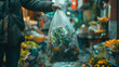 An individual holding a plastic bag filled with waste materials, promoting cleanliness and proper disposal.