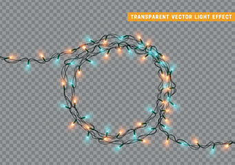 Wall Mural - Christmas decorative light garlands. New Year's decor circular ring wreath. Realistic Xmas holiday decoration. vector illustration