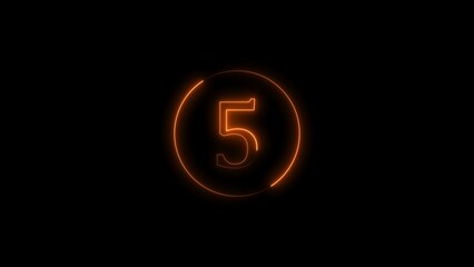 Wall Mural - Abstract digital top five countdown circle orange color illustration. Orange circle Neon light 5 number black background 4k illustration.