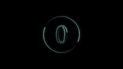 Wall Mural - Abstract digital zero countdown circle cyan color illustration. Cyan Neon light zero number black background 4k illustration.	