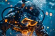Close-up of a commercial diver fully equipped with an underwater helmet and suit, surrounded by bubbles and illuminated particles in the ocean.
