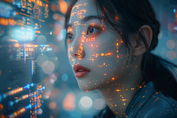 A digitally illustrated landscape showcasing a futuristic warehouse facility, where holographic projections of smiling Asian women overlook the operations-3