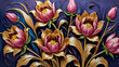 Stunning Oil Painting of Bright Pink and Gold Flowers on Deep Purple Background