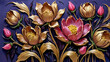 Bright Pink and Gold Flowers on Deep Purple Background: A Masterpiece of Modern Art