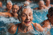 cheerful elderly woman doing water exercises in a swimming pool during a water gymnastics class