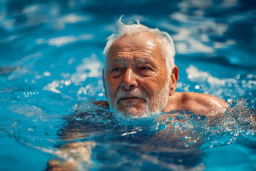 An elderly man with a gray beard swims in the pool. Sports activities.