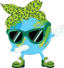 Dabbing earth wearing sunglasses and cap, Earth Day Illustration Vector. Planet Earth Boy