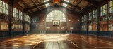 Fototapeta Sport - a cinematic photo of an old basketball court in the middle of nature, the sun shines through large windows on to the floor and creating rays across it, a classic wooden ceiling with metal beams above,