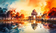 Watercolor Painting of India Gate and Vibrant Sunset Sky Reflected in Water, Artistic Illustration of New Delhi's Iconic Landmark and Indian Culture