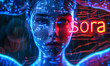 Futuristic digital representation of 'Sora,' a conceptual AI from OpenAI, displaying an intricate interface of neon circuitry and glowing text across a human-like visage