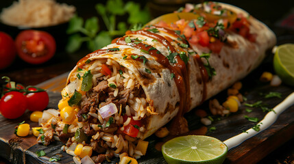 Wall Mural - The main focus is a large, stuffed burrito with its contents visible at one end.