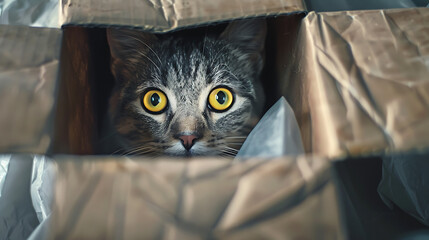 Wall Mural - a curious cat with yellow eyes and grey fur, peeking out from inside a cardboard box.