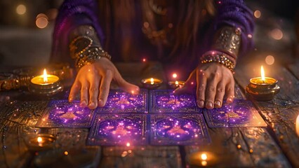 Wall Mural - Tarot cards with candle light purple colors. fortuneteller reads fortunes by tarot cards and candles on the background. Astrology occult magic spiritual horoscopes and palm reading 4k video beauty