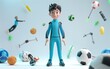 © MUS_GRAPHIC - 3D cartoon character of sports person standing in sports suit with white background with scattered sports equipment