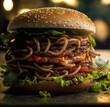 an insect beetle hamburger with green salad, burger made of beetles or meal worms, insect meal or similar, fictitious insects