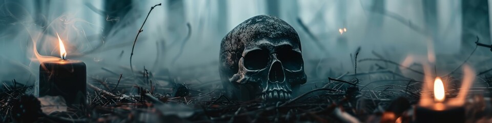 Wall Mural - black magic candles with a skull on the ground with fog in the forest.