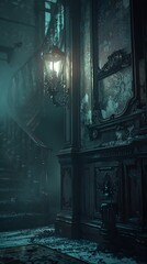 Wall Mural - Haunted Mansion Harbors Spectral Apparitions and Cursed Artifacts in Cinematic Photographic Style