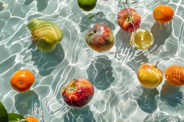 Wall Mural - A group of assorted fruits floating gracefully on the waters surface, creating a colorful and vibrant arrangement