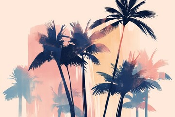 abstract illustration of palm trees in muted pastel tones against a peach background, digital art