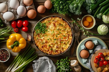 Sticker - A variety of food items are neatly arranged on a serving table, including bubble and squeak, surrounded by fresh ingredients