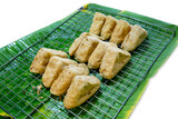 Fototapeta Most - Top view of Fried Tofu on banana leaf, focus selective