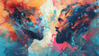 This vibrant and artistic image portrays two individuals facing each other.