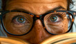 red head woman with green eyes and glasses close up reading  a book, artistic portrait of a novel fan reader 