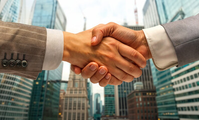 handshake between two professionals wearing a suite with a modern city background, business deal accepted 