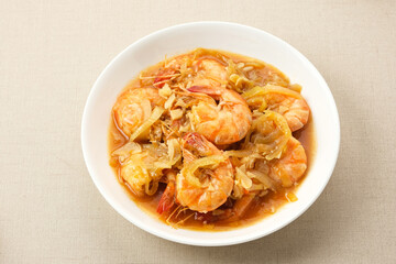 Wall Mural - Udang Asam Manis, sweet and sour shrimp with tomato and chilli sauce. Indonesian food.
