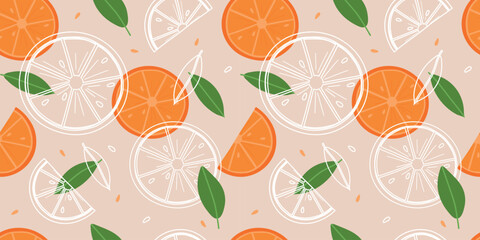 Seamless bright pattern with fresh oranges, leaves and seeds for fabric, drawing labels, wallpaper, fruit background. Slices of oranges background. Tropical seamless pattern