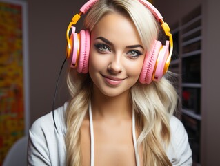 Woman Wearing Headphones and Smiling