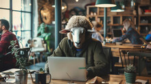 A Man With A Sheep's Head Is Working In Front Of A Laptop, In A Busy Workspace.