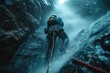 A search and rescue team member rappelling down a towering waterfall to rescue an injured hiker, surrounded by mist
