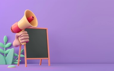 3D cartoon hand holding a megaphone on a purple background. Banner with place for text. 3D render illustration