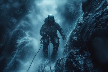 A search and rescue team member rappelling down a towering waterfall to rescue an injured hiker, surrounded by mist