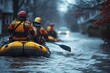 A swift water rescue team navigating a flooded street to rescue stranded residents