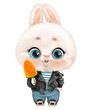 Cute cartoon white bunny in biker jacket with carrot-shaped ice cream