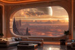 A futuristic living room with a gigantic window looking out over a foreign planet