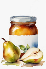 Wall Mural - Pear jam or marmalade and fresh pears in watercolor style.