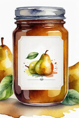 Wall Mural - Pear jam or marmalade and fresh pears in watercolor style.