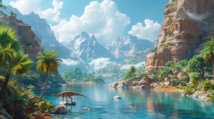 Prehistoric Landscape with Dinosaurs for Educational Apps.