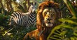 realistic, create a Lion in the jungle ,behind him is a Zebra waiting ,cinematic shot with Arri alexa