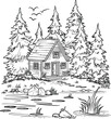 Forest House Near A Lake , Coloring Pages Vector