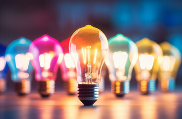 color electric light bulbs on background