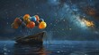A surreal depiction of balloons tied to a wooden boat adrift floating between the cosmic ocean above and the earthly sea below under the watchful gaze of constellations