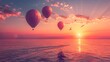 A twilight scene where balloons float gently over the ocean the sunset casting them in hues of pink and purple akin to celestial bodies