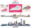Kentucky counties map and congressional districts since 2023 map. Frankfort (state's capital city) and Louisville (state's most populous city) skylines. Vector set