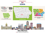 Fototapeta Londyn - Iowa counties map and congressional districts since 2023 map. Des Moines skyline (state's capital and most populous city). Vector set