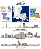 Fototapeta Londyn - Louisiana parishes map and congressional districts since 2023 map. Skylines of Baton Rouge (state's capital), New Orleans and Shreveport. Vector set
